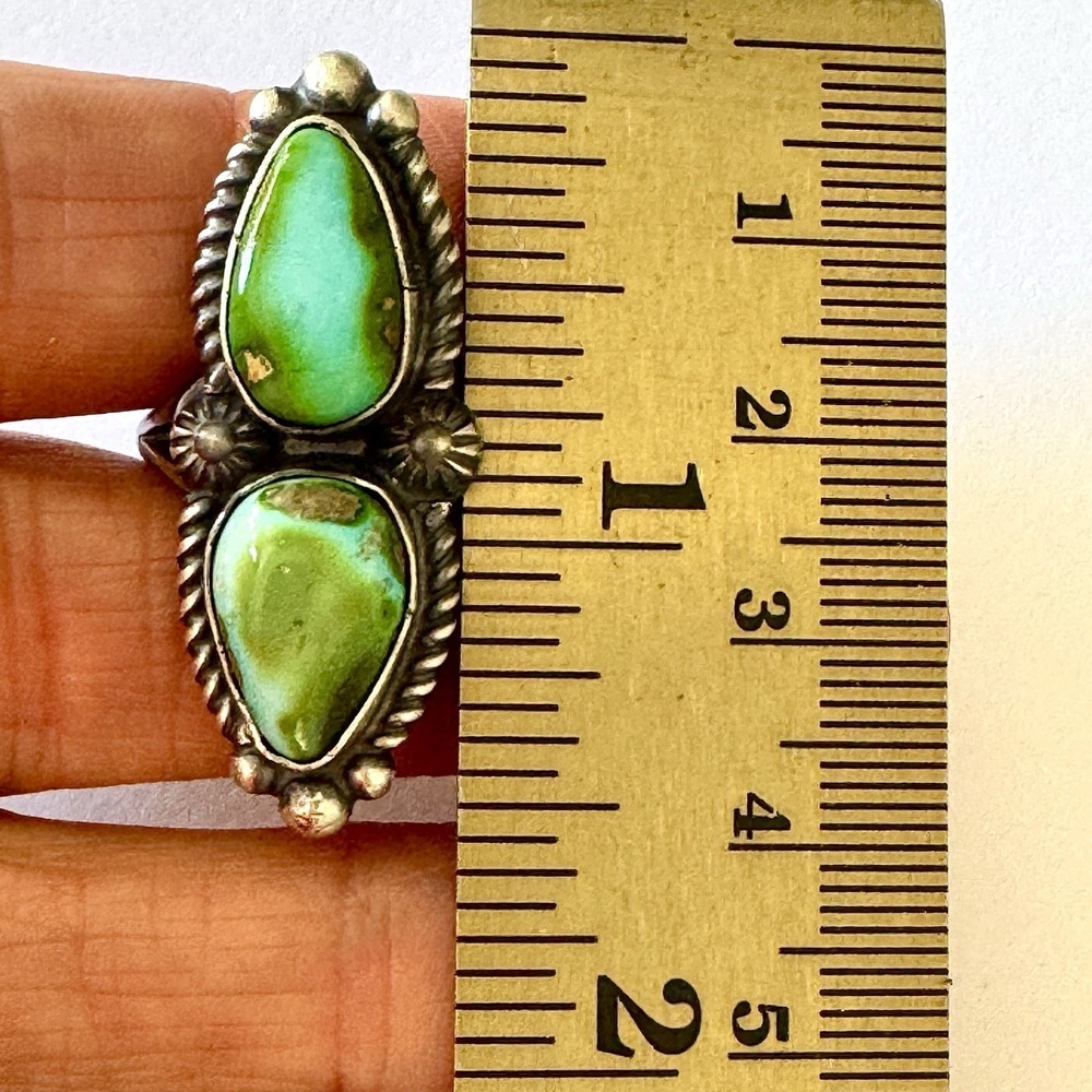 Navajo Sonoran Gold Turquoise Ring 2 Stone Size 7 Signed Shakey Long Sterling - Picture 2 of 7